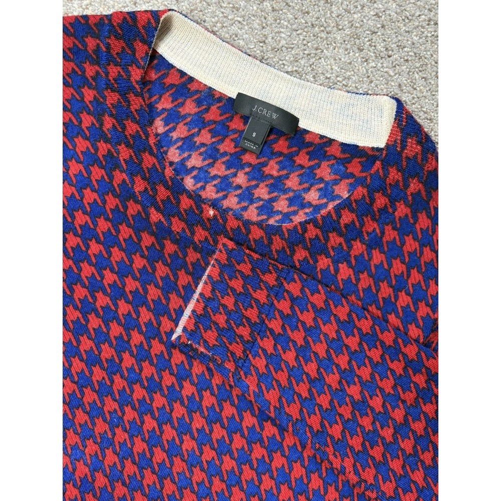 J. Crew Sweater Women's Small 100% Merino Wool Tippi Blue Red Houndstooth F8262 - Picture 1 of 9